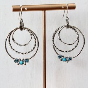 Vintage PZ Sterling Silver Blue Topaz & Turquoise Triple Hoop Dangle Earrings
